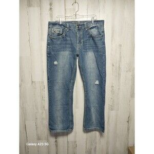 Men's Axe & Crown Boot Fit Denim Blue Jeans Sz 36 x 30 Bold Stitch Embroidered